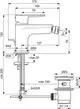 Bidetarmatur in chromfarbenem Design, hergestellt von Ideal Standard. Darstellung der seitlichen und frontalen Ansicht mit maßlichen Angaben für Installation.
